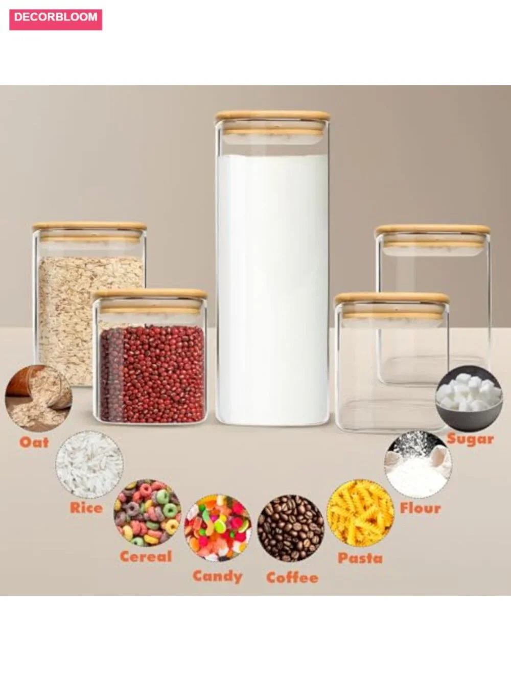 Glass Storage Containers with Airtight Bamboo Lids Set of 5